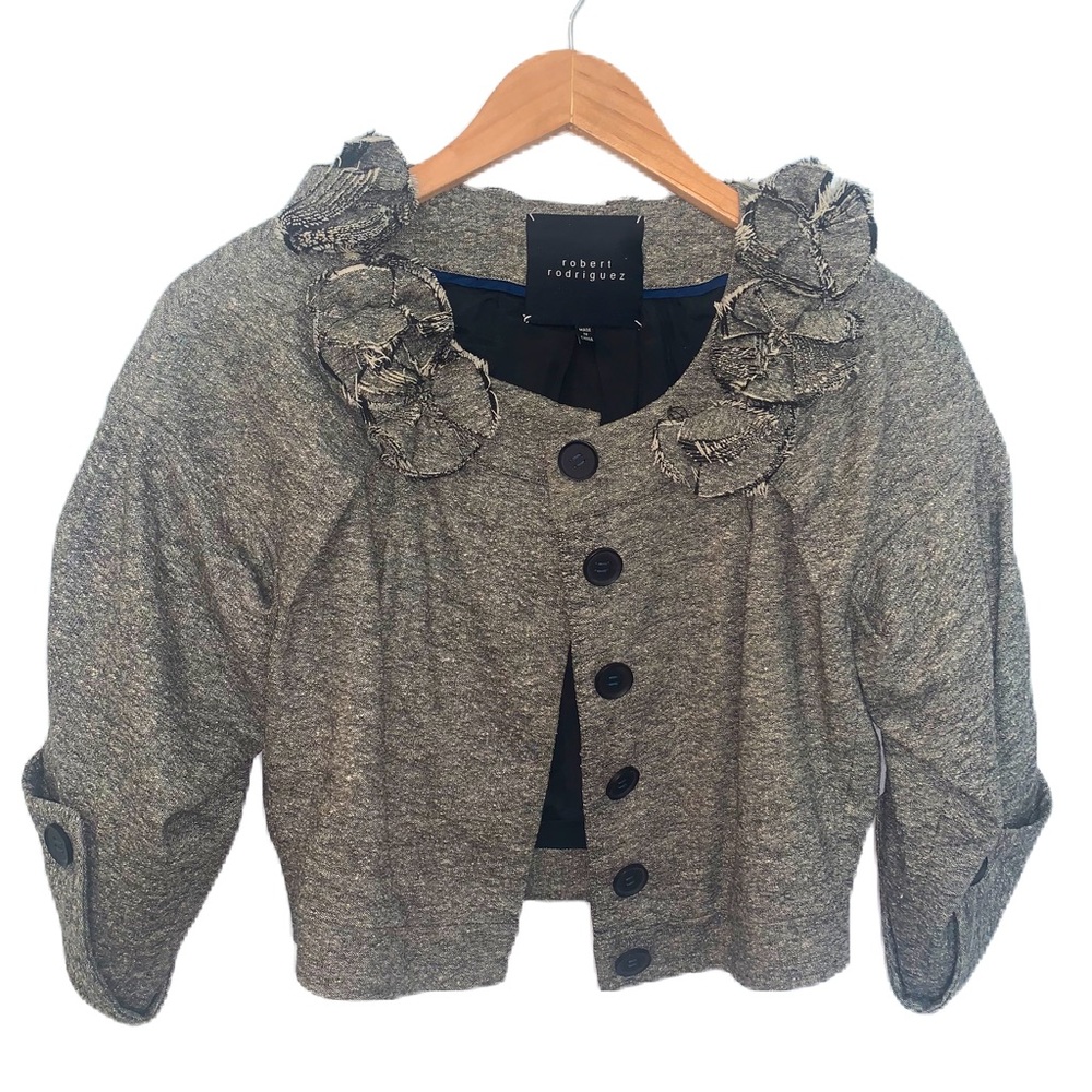Robert Rodriguez Gray Floral Appliqué Cropped Tweed Jacket Size 2